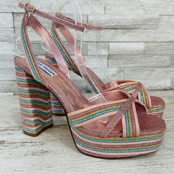 Steve Madden Women’s Laurel Rainbow Glitter Platform Sandals Ankle Strap Size 10 - Picture 14 of 14